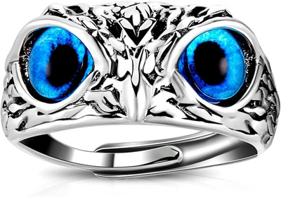 University Trendz Alloy Owl Face Cat Blue Eyes Animal Charm Adjustable Ring for Mens and Boys Alloy Cat's Eye Rhodium Plated Ring