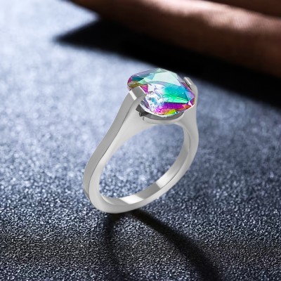 house of common Sterling Silver Solitaire CZ Rainbow Topaz Ring,Silver Ring,CZ Ring,Wedding Ring Stainless Steel Cubic Zirconia Silver Plated Ring