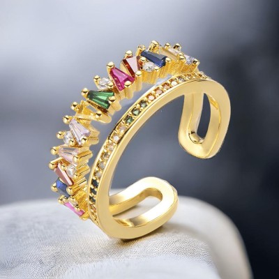 CRYSTALANE Rainbow Zigzag Ring - Baguette rings / Multicoloured Crystals Crystal Cubic Zirconia Gold Plated Ring