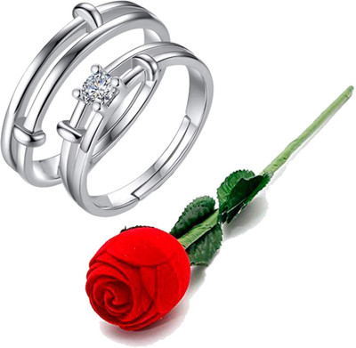 MEENAZ Adjustable Stylish Combo ring for Couple lovers girlfriend boyfriend rose box AD Copper, Brass, Crystal, Stone, Brass, Silver Cubic Zirconia, Crystal, Diamond Platinum, Rhodium, Sterling Silver Plated Ring Set