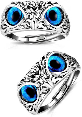Vibeesle Set Of 2 Crystal Glasses Blue Demon Eyes Owl Ullu Bird Face Thumb Finger Ring Stainless Steel Silver Plated Ring