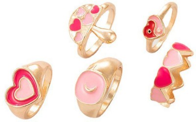 Vembley Combo Of Multi Designer Aesthetic Metal Chunky Pink Finger Rings Alloy Gold Plated Ring Set