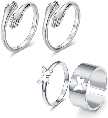 Astrootalk Elegant Silver Plated Hug Ring 2 pcs & Couple Butterfly Rings, Combo of 4 Pcs Stainless Steel Silver Plated Ring