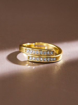 RUBANS 18K Gold-Plated Baguette Cubic Zirconia Studded Adjustable Openable Ring Brass Gold Plated Ring