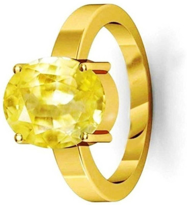 Chopra Gems A+ Quality Natural Yellow Sapphire Pukhraj Gemstone Ring for Women's/Men's Brass Sapphire Gold Plated Ring