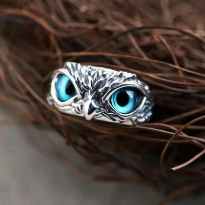 KOOKSAPOOT Fancy Owl Blue Eye Ring For Boys And Girls Adjustable Lucky Ring Stainless Steel, Brass, Stone, Metal, Copper Rhodium Plated Ring