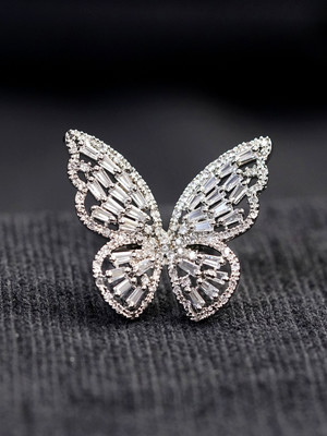 Zoey Silver Plated AD- Studded Adjustable Finger Ring Metal Cubic Zirconia Rhodium Plated Ring