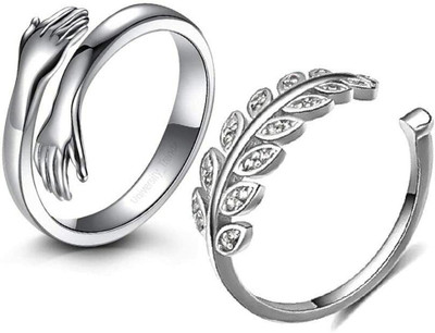 STAR CREATION Zircon Leaf Silver Plated Ring Combo with Open Adjustable Hug Ring Pack of 2 Alloy Ring
