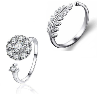 Neerajyoti leaf ring silver and rotating ring silver combo set Silver Cubic Zirconia Silver Plated Ring Set