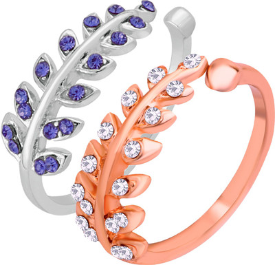 mahi Combo of 2 Leaves Shaped Adjustabe Finger Rings Alloy Cubic Zirconia Rhodium Plated Ring