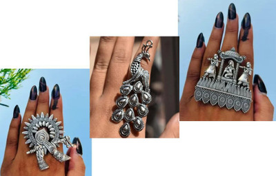 DEALZONE Rings for Women Silver Oxidised of Adjustable Ring Metal Ring Set (PACK OF 3) Brass Brass Plated Ring