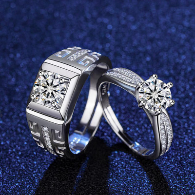 MYKI Pretty Adjustable Love Couple Stainless Steel Swarovski Zirconia Silver Plated Ring Set
