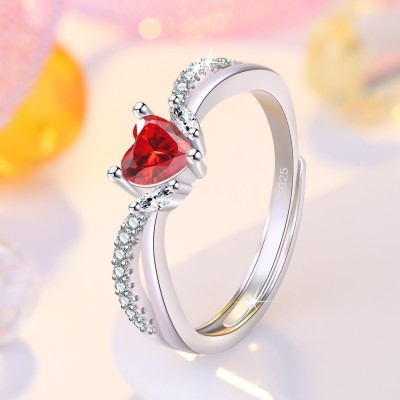 MYKI Stylish Red Heart Ring For Women & Girls Stainless Steel Cubic Zirconia Silver Plated Ring