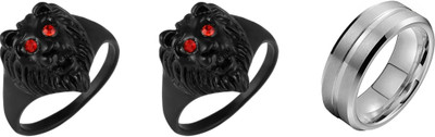 Dynamic Retail Global Set of 3 Ring for Men, Black-Silver Alloy Ring