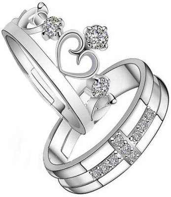 Astrootalk ADJUSTABLE SIVER PLATED COUPLE BAND RING Alloy Cubic Zirconia Silver, Rhodium Plated Ring Set