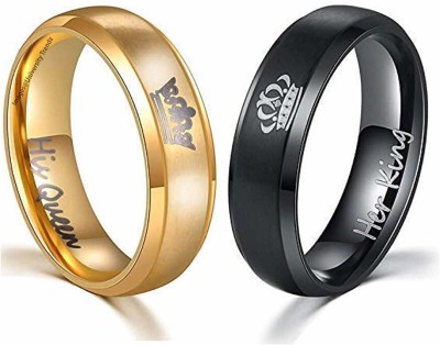 impression 2Pcs Her King His Queen Titanium Stainless Steel Black & Gold Couple Rings 8 No Gold For Girls And 9 No Black For Boys Stainless Steel Platinum Plated Ring Set