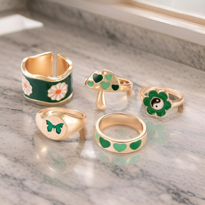 Nehdal New 5 Pcs Green Flower Heart Butterfly Mushroom Ring Set For Women & Girls Alloy Gold Plated Ring Set