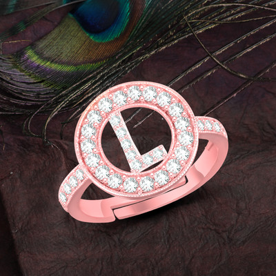MEENAZ Rose rings for women girls couple L letter Alphabet heart love party propose AD Alloy, Metal, Brass, Copper, Crystal, Stone Diamond, Cubic Zirconia Gold Plated Ring