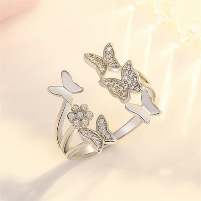 MYKI Clusters of butterfly Cubic Zircon Adjustable Ring For Women Stainless Steel Swarovski Zirconia 24K White Gold Plated Ring