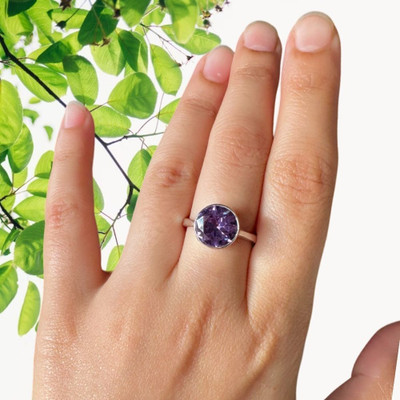 Gemzonite Purple Crystal Stone for Unisex for Astrological Purpose Brass Amethyst Silver Plated Ring