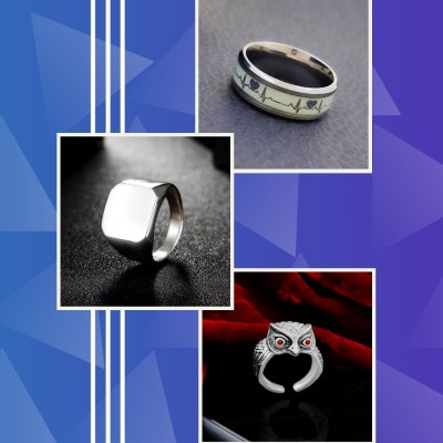 Saizen Owl Ring and Heartbeat Night Glowing Ring Silver Plated Squire Ring Combo Set Alloy Silver Plated Ring Set