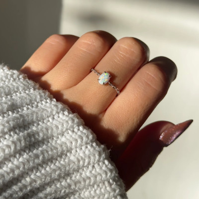 Zarkan Zarkan 925 Hallmark Silver White Opal Chain Ring Sterling Silver Cubic Zirconia Rhodium Plated Chain Ring - Single Finger