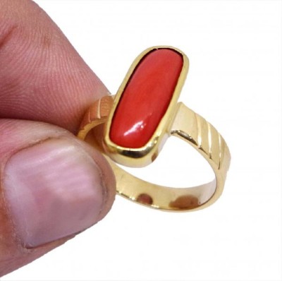 Gemzonite natural red coral ring moonga stone silver ring 9.25 ratti Copper Coral Gold Plated Ring