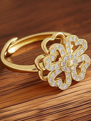 Dressberry Rotating Cubic Zirconia Studded Adjustable Gold-Plated Clover Ring For Women Alloy Cubic Zirconia Gold Plated Ring Set