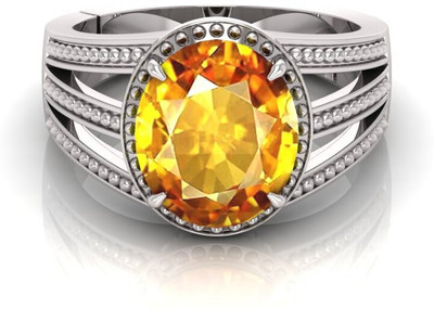 Pranjal Gems 9.25 Ratti Pukhraj Gemstone Adjustable Ring With Lab CertificateTU Shell Sapphire Rhodium Plated Ring