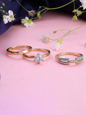 Dressberry Set of 3 Gold Plated Minimal Classic Studded Finger Rings for Women and Girls Brass Diamond Ring Set