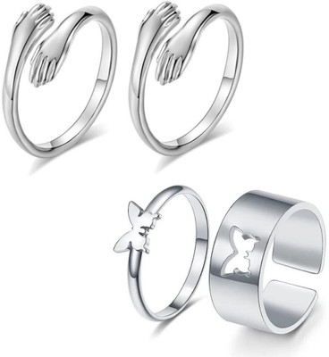 MA Enterprises Elegant Silver Plated Hug Ring 2 pcs & Couple Butterfly Rings, Combo of 4 Pcs Stainless Steel Silver Plated Ring