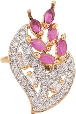 STYYLO FASHION White and Magenta American Diamond Studded Leaf Motif Ring Brass Cubic Zirconia Gold Plated Ring