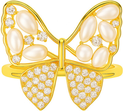 MoonMade Pearl Beaded Butterfly Ring Stainless Steel Pearl, Cubic Zirconia Gold Plated Ring