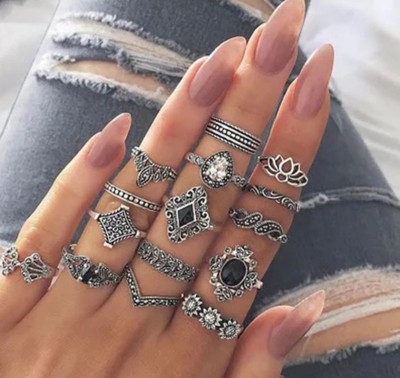 Fashion Frill Silver Rings For Women Vintage Floral Design Ring Set Combo Ring For Girls Alloy Silver Plated Ring Set