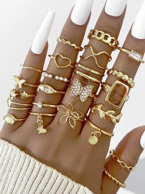Jewels Galaxy Gold Plated Set of 23 Stackable Rings Alloy Pearl Gold Plated Ring