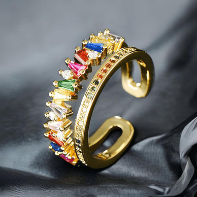 CRYSTALANE Crystalane Rainbow Zigzag Ring - Baguette rings / Multicoloured Crystals Crystal Cubic Zirconia Gold Plated Ring
