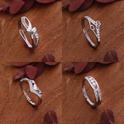 Ruhi Brado Silver Plated Heart Bow Love Design Adjustable Ring Combo Stainless Steel Cubic Zirconia Silver Plated Ring Set