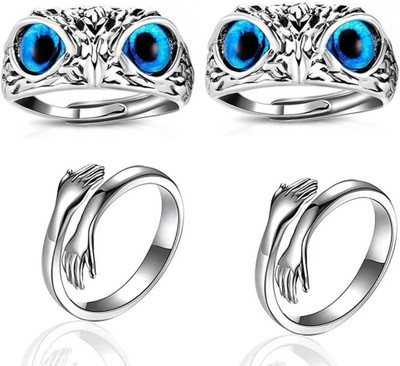Teeragaj Combo of 2 Silver plated Blue Eye Owl Ring & 2 love Hug Ring special for couples Alloy Silver Plated Ring Set