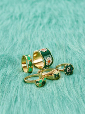 Vembley 5 Pcs Green Flower Heart Butterfly Mushroom Ring Set For Women And Girls Alloy Gold Plated Ring Set