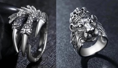 Sunshine Creations Stylish Trendy Lion Ring And Eagle Claw Ring Combo Pack of 2 Rings Size-18 Stainless Steel Silver Plated Ring Set