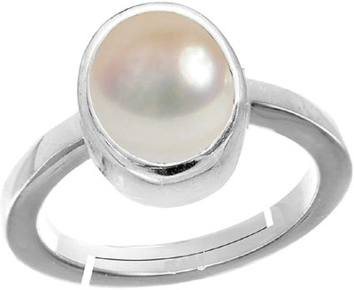 barmunda gems 10.25 Ratti Pearl Certified Moti Adjustable Silver Plated Ring for Men and Women Metal Pearl Ring