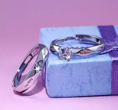Inori Adjustable Couple Rings for lovers King Queen Ring for Men & Women Alloy Cubic Zirconia Platinum Plated Ring Set
