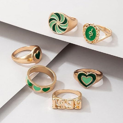 Zaphariq Green 6 Pcs Dripping Oil Love 1999 Feelings Ring Set For Women And Girls Alloy Gold Plated Ring