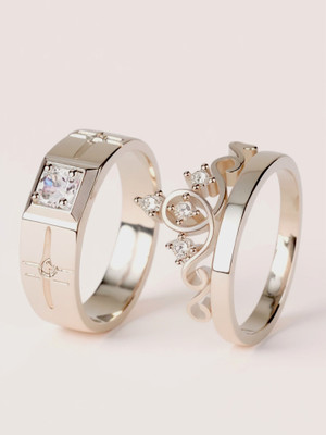 RAPPERSSHOP Prince and Princess Crown Silver Plated Couple Adjustable Rings for Lovers Alloy Cubic Zirconia Silver Plated Ring Set