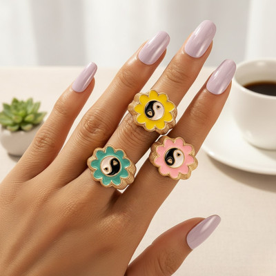 Zaphariq Multicolor 3 Pcs Japanese and Korean Fashion Flower Ring Set For Women And Girls Alloy Gold Plated Ring