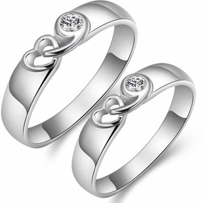 Vibeesle ADJUSTABLE SILVER PLATED COUPLE BAND RING SET FOR LOVERS Alloy Cubic Zirconia Silver, Rhodium Plated Ring Set