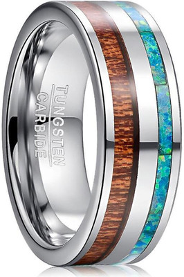 KRYSTALZ Mens Tungsten Carbide Silver Opal Wood Inlay Band Ring Tungsten Sterling Silver Plated Ring