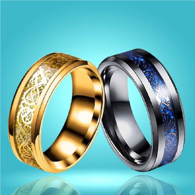 University Trendz Ring Combo Black Celtic dragons inlaid with Blue background and Gold Dragon Ring Stainless Steel Gold Plated Ring Set