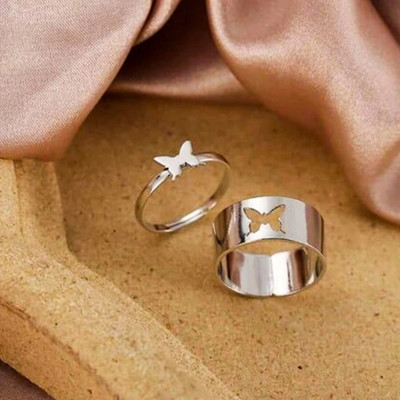 Trinkets Silver Color Butterfly Ring For Women Men Lover Couple Ring Friendship Open Ring Stainless Steel Rhodium Plated Ring Set