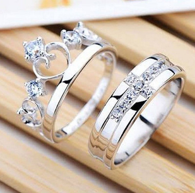 Inori Crystal Heart Crown & Cross Design Adjustable Couple Ring Stainless Steel Cubic Zirconia Silver Plated Ring